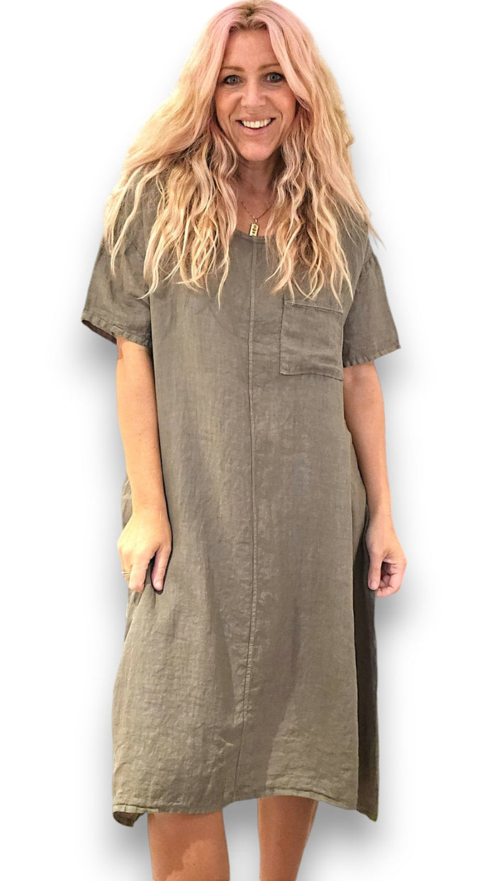 HELGA MAY_EASY PEASY TEE SHAPE LINEN DRESS MOCHA _ EASY PEASY TEE SHAPE LINEN DRESS MOCHA _ Ebony Boutique NZ