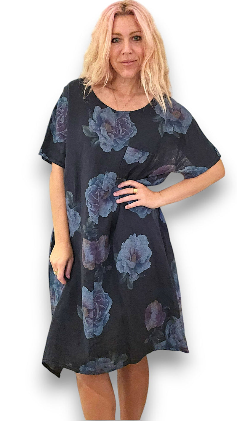 HELGA MAY_EASY PEASY TEE SHAPE LINEN DRESS OMBRE PEONY NAVY _ EASY PEASY TEE SHAPE LINEN DRESS OMBRE PEONY NAVY _ Ebony Boutique NZ