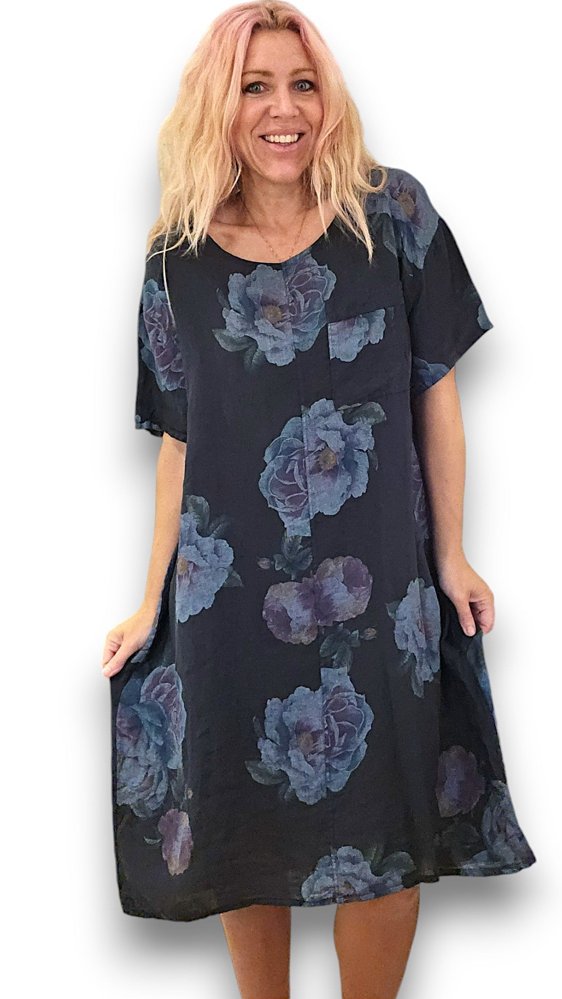 HELGA MAY_EASY PEASY TEE SHAPE LINEN DRESS OMBRE PEONY NAVY _ EASY PEASY TEE SHAPE LINEN DRESS OMBRE PEONY NAVY _ Ebony Boutique NZ