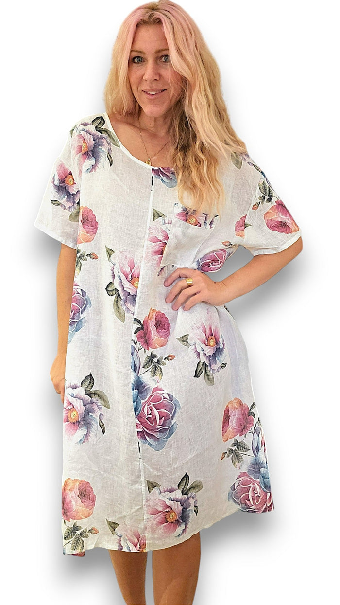 HELGA MAY_EASY PEASY TEE SHAPE LINEN DRESS OMBRE PEONY WHITE _ EASY PEASY TEE SHAPE LINEN DRESS OMBRE PEONY WHITE _ Ebony Boutique NZ