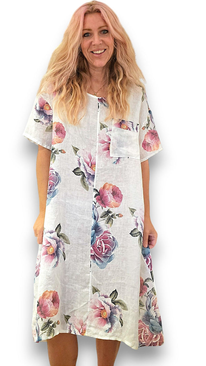 HELGA MAY_EASY PEASY TEE SHAPE LINEN DRESS OMBRE PEONY WHITE _ EASY PEASY TEE SHAPE LINEN DRESS OMBRE PEONY WHITE _ Ebony Boutique NZ