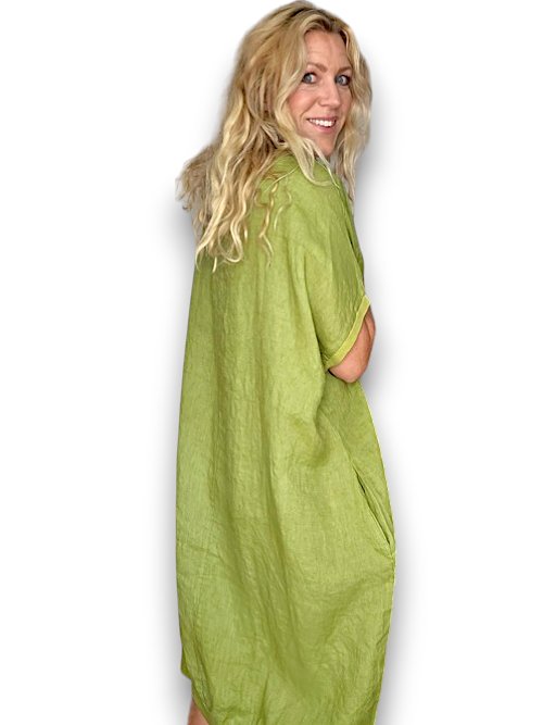 HELGA MAY_ELASTIC HEM DRESS LINEN AVOCADO _ ELASTIC HEM DRESS LINEN AVOCADO _ Ebony Boutique NZ