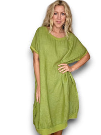 HELGA MAY_ELASTIC HEM DRESS LINEN AVOCADO _ ELASTIC HEM DRESS LINEN AVOCADO _ Ebony Boutique NZ