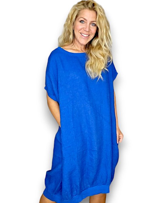 HELGA MAY_ELASTIC HEM DRESS LINEN COBALT _ ELASTIC HEM DRESS LINEN COBALT _ Ebony Boutique NZ