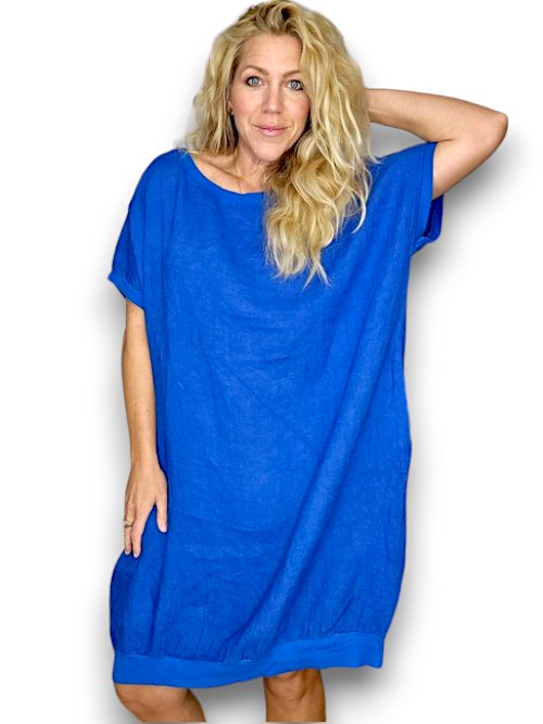 HELGA MAY_ELASTIC HEM DRESS LINEN COBALT _ ELASTIC HEM DRESS LINEN COBALT _ Ebony Boutique NZ