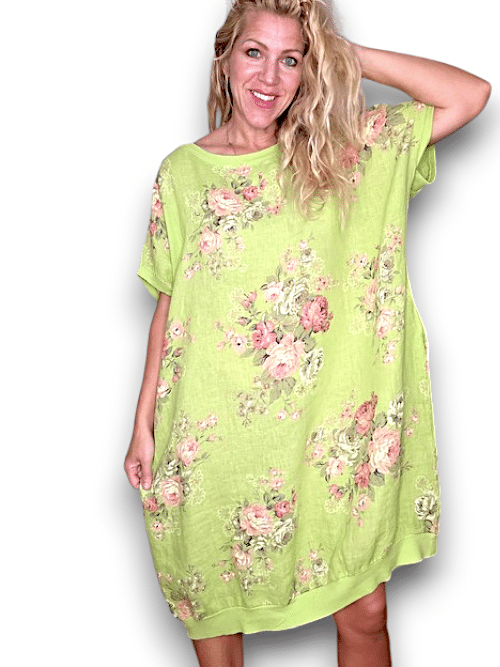 HELGA MAY_ELASTIC HEM DRESS LINEN HIGH TEA BRIGHT LIME _ ELASTIC HEM DRESS LINEN HIGH TEA BRIGHT LIME _ Ebony Boutique NZ