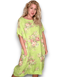 HELGA MAY_ELASTIC HEM DRESS LINEN HIGH TEA BRIGHT LIME _ ELASTIC HEM DRESS LINEN HIGH TEA BRIGHT LIME _ Ebony Boutique NZ