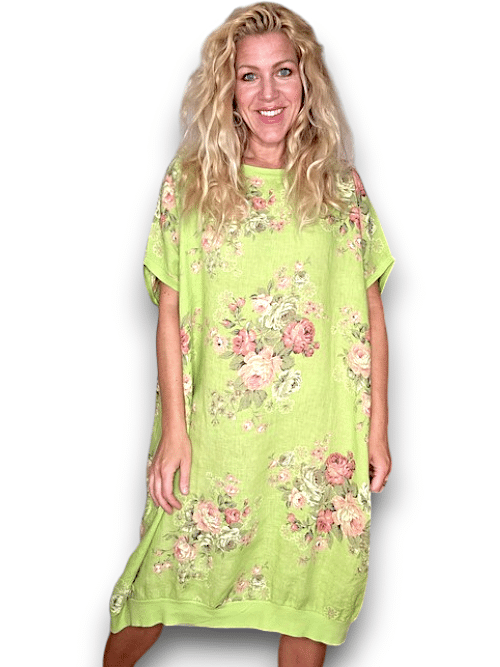 HELGA MAY_ELASTIC HEM DRESS LINEN HIGH TEA BRIGHT LIME _ ELASTIC HEM DRESS LINEN HIGH TEA BRIGHT LIME _ Ebony Boutique NZ