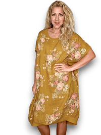 HELGA MAY_ELASTIC HEM DRESS LINEN HIGH TEA MUSTARD _ ELASTIC HEM DRESS LINEN HIGH TEA MUSTARD _ Ebony Boutique NZ