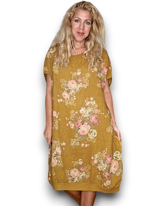 HELGA MAY_ELASTIC HEM DRESS LINEN HIGH TEA MUSTARD _ ELASTIC HEM DRESS LINEN HIGH TEA MUSTARD _ Ebony Boutique NZ