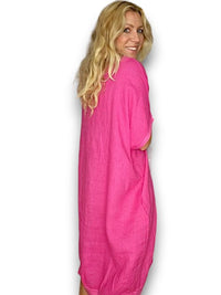 HELGA MAY_ELASTIC HEM DRESS LINEN HOT PINK _ ELASTIC HEM DRESS LINEN HOT PINK _ Ebony Boutique NZ