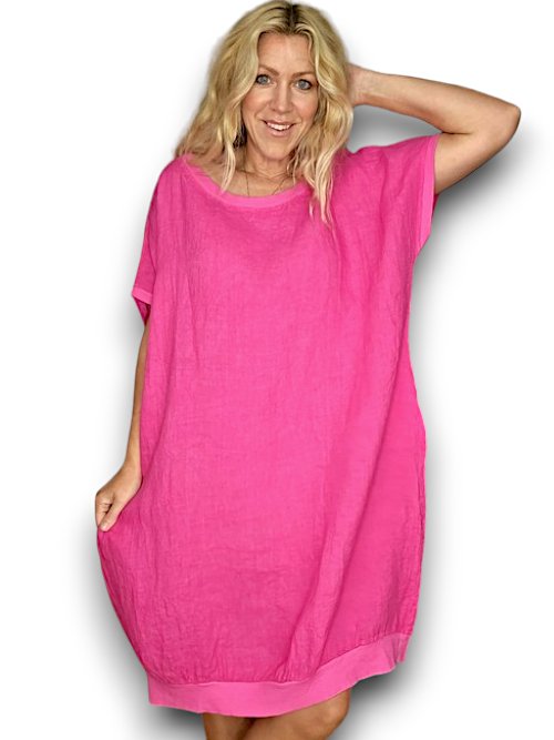 HELGA MAY_ELASTIC HEM DRESS LINEN HOT PINK _ ELASTIC HEM DRESS LINEN HOT PINK _ Ebony Boutique NZ