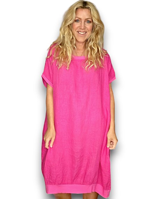 HELGA MAY_ELASTIC HEM DRESS LINEN HOT PINK _ ELASTIC HEM DRESS LINEN HOT PINK _ Ebony Boutique NZ