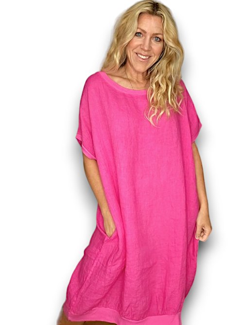 HELGA MAY_ELASTIC HEM DRESS LINEN HOT PINK _ ELASTIC HEM DRESS LINEN HOT PINK _ Ebony Boutique NZ