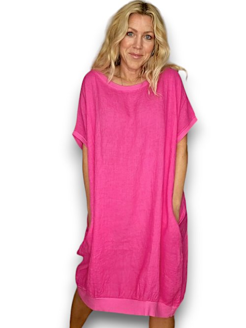 HELGA MAY_ELASTIC HEM DRESS LINEN HOT PINK _ ELASTIC HEM DRESS LINEN HOT PINK _ Ebony Boutique NZ