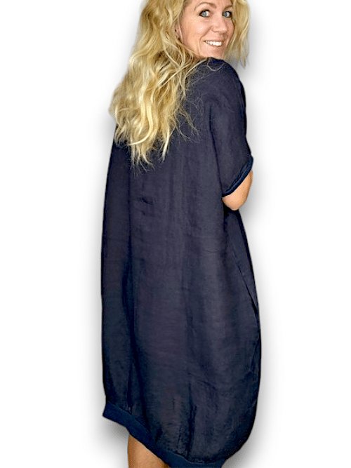 HELGA MAY_ELASTIC HEM LINEN DRESS NAVY _ ELASTIC HEM LINEN DRESS NAVY _ Ebony Boutique NZ