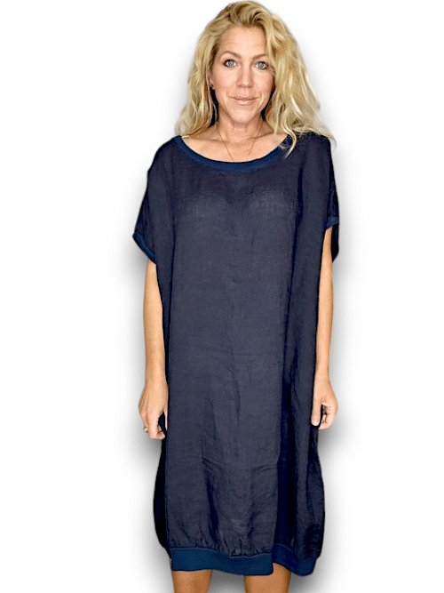 HELGA MAY_ELASTIC HEM LINEN DRESS NAVY _ ELASTIC HEM LINEN DRESS NAVY _ Ebony Boutique NZ