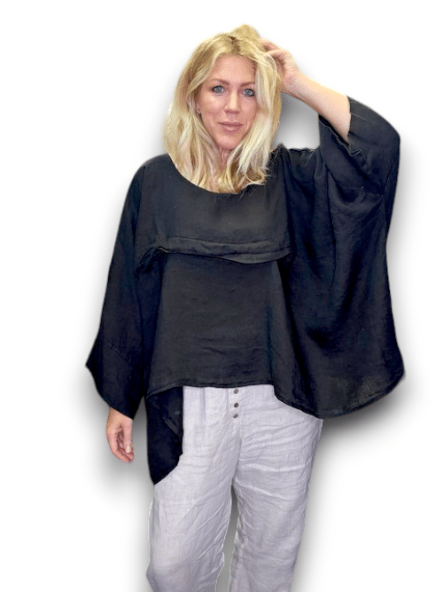 HELGA MAY_FLUTTER FRONT BATSLEEVE TOP LINEN BLACK _ FLUTTER FRONT BATSLEEVE TOP LINEN BLACK _ Ebony Boutique NZ