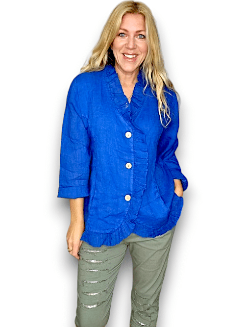 HELGA MAY_FRILL AND DANDY LINEN JKT LINEN COBALT _ FRILL AND DANDY LINEN JKT LINEN COBALT _ Ebony Boutique NZ