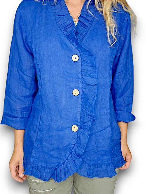 HELGA MAY_FRILL AND DANDY LINEN JKT LINEN COBALT _ FRILL AND DANDY LINEN JKT LINEN COBALT _ Ebony Boutique NZ