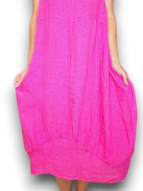 HELGA MAY_HELGA MAY MID SLEEVE MAXI DRESS LINEN HOT PINK _ HELGA MAY MID SLEEVE MAXI DRESS LINEN HOT PINK _ Ebony Boutique NZ