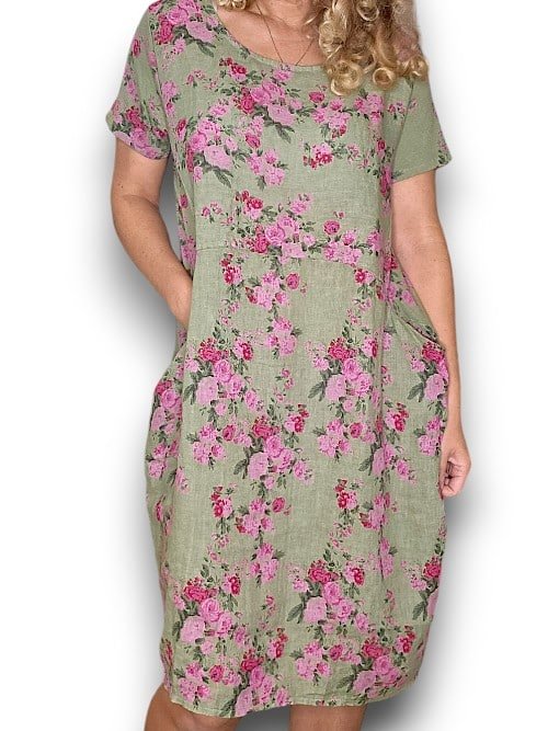 HELGA MAY_JUNGLE DRESS LINEN FAR AWAY ROSE AVOCADO _ JUNGLE DRESS LINEN FAR AWAY ROSE AVOCADO _ Ebony Boutique NZ