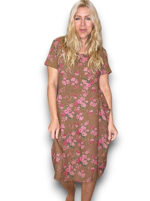 HELGA MAY_JUNGLE DRESS LINEN FAR AWAY ROSE DARK COFFEE _ JUNGLE DRESS LINEN FAR AWAY ROSE DARK COFFEE _ Ebony Boutique NZ