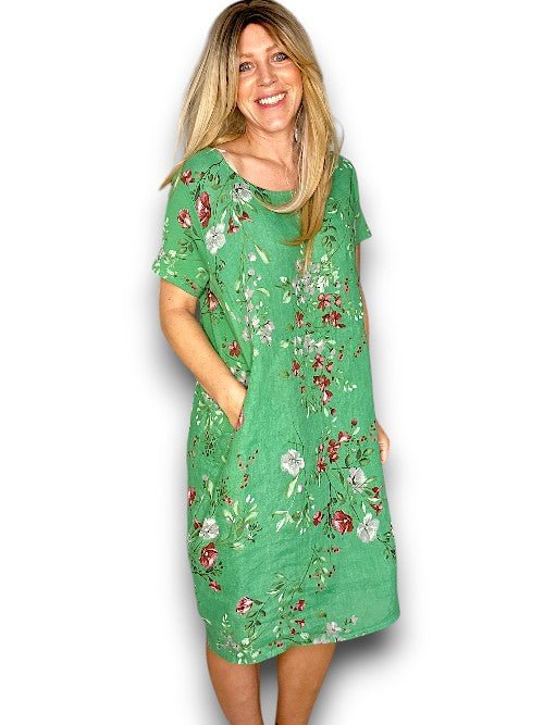 HELGA MAY_JUNGLE DRESS LINEN LINGONBERRY GREEN _ JUNGLE DRESS LINEN LINGONBERRY GREEN _ Ebony Boutique NZ