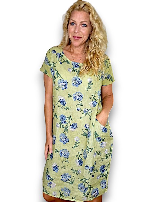 HELGA MAY_JUNGLE DRESS LINEN PETALS OF BLUE ANTIQUE LIME _ JUNGLE DRESS LINEN PETALS OF BLUE ANTIQUE LIME _ Ebony Boutique NZ