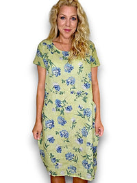 HELGA MAY_JUNGLE DRESS LINEN PETALS OF BLUE ANTIQUE LIME _ JUNGLE DRESS LINEN PETALS OF BLUE ANTIQUE LIME _ Ebony Boutique NZ