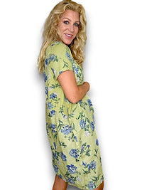 HELGA MAY_JUNGLE DRESS LINEN PETALS OF BLUE ANTIQUE LIME _ JUNGLE DRESS LINEN PETALS OF BLUE ANTIQUE LIME _ Ebony Boutique NZ