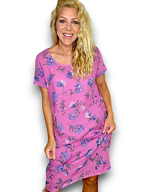 HELGA MAY_JUNGLE DRESS LINEN PETALS OF BLUE BERRY PINK _ JUNGLE DRESS LINEN PETALS OF BLUE BERRY PINK _ Ebony Boutique NZ