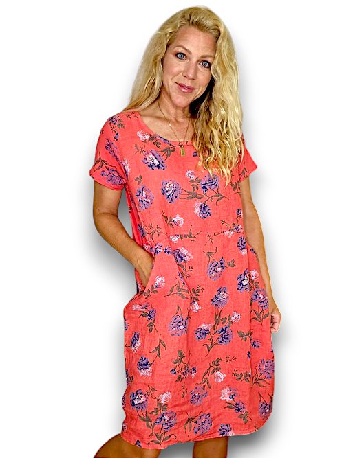 HELGA MAY_JUNGLE DRESS LINEN PETALS OF BLUE CORAL _ JUNGLE DRESS LINEN PETALS OF BLUE CORAL _ Ebony Boutique NZ