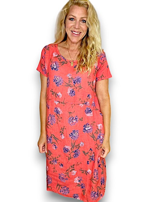 HELGA MAY_JUNGLE DRESS LINEN PETALS OF BLUE CORAL _ JUNGLE DRESS LINEN PETALS OF BLUE CORAL _ Ebony Boutique NZ