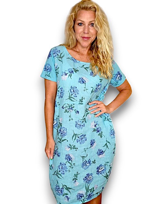 HELGA MAY_JUNGLE DRESS LINEN PETALS OF BLUE LIGHT TURQUOISE _ JUNGLE DRESS LINEN PETALS OF BLUE LIGHT TURQUOISE _ Ebony Boutique NZ