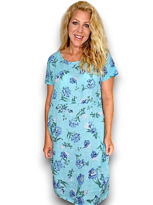 HELGA MAY_JUNGLE DRESS LINEN PETALS OF BLUE LIGHT TURQUOISE _ JUNGLE DRESS LINEN PETALS OF BLUE LIGHT TURQUOISE _ Ebony Boutique NZ