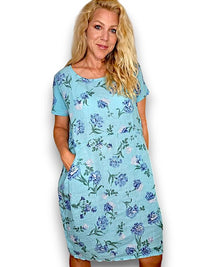 HELGA MAY_JUNGLE DRESS LINEN PETALS OF BLUE LIGHT TURQUOISE _ JUNGLE DRESS LINEN PETALS OF BLUE LIGHT TURQUOISE _ Ebony Boutique NZ