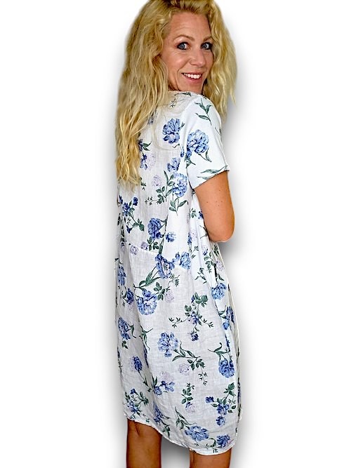 HELGA MAY_JUNGLE DRESS LINEN PETALS OF BLUE WHITE _ JUNGLE DRESS LINEN PETALS OF BLUE WHITE _ Ebony Boutique NZ