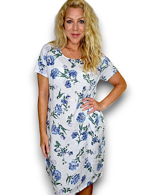 HELGA MAY_JUNGLE DRESS LINEN PETALS OF BLUE WHITE _ JUNGLE DRESS LINEN PETALS OF BLUE WHITE _ Ebony Boutique NZ