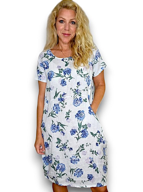 HELGA MAY_JUNGLE DRESS LINEN PETALS OF BLUE WHITE _ JUNGLE DRESS LINEN PETALS OF BLUE WHITE _ Ebony Boutique NZ