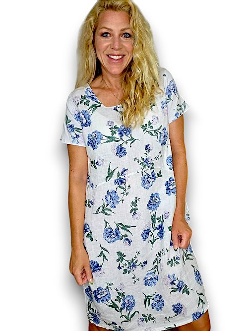 HELGA MAY_JUNGLE DRESS LINEN PETALS OF BLUE WHITE _ JUNGLE DRESS LINEN PETALS OF BLUE WHITE _ Ebony Boutique NZ