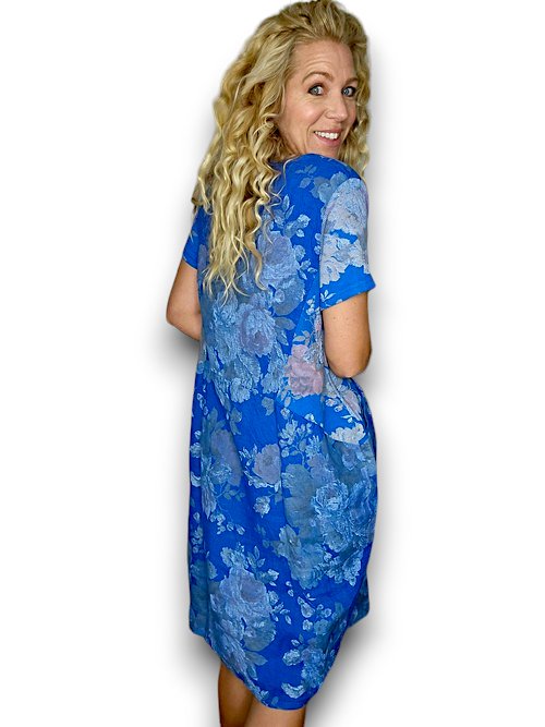 HELGA MAY_JUNGLE DRESS LINEN SCARLETT ROSE COBALT _ JUNGLE DRESS LINEN SCARLETT ROSE COBALT _ Ebony Boutique NZ