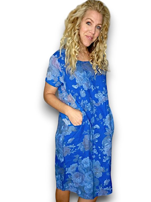 HELGA MAY_JUNGLE DRESS LINEN SCARLETT ROSE COBALT _ JUNGLE DRESS LINEN SCARLETT ROSE COBALT _ Ebony Boutique NZ