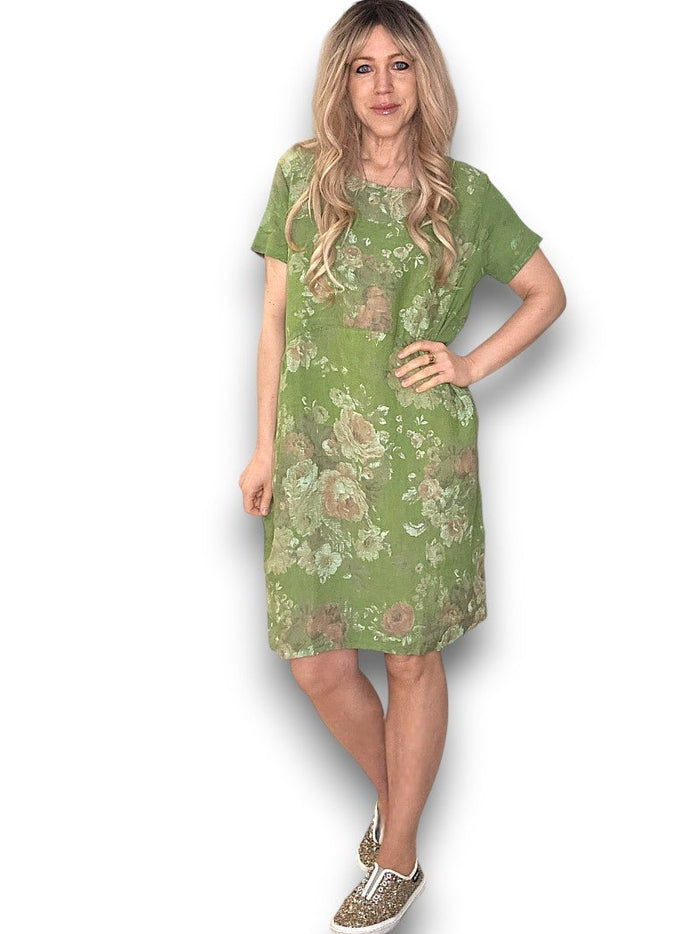 HELGA MAY_JUNGLE DRESS LINEN SCARLETT ROSE GREEN IVY _ JUNGLE DRESS LINEN SCARLETT ROSE GREEN IVY _ Ebony Boutique NZ