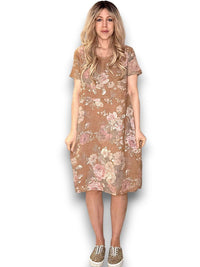 HELGA MAY_JUNGLE DRESS LINEN SCARLETT ROSE HAZELNUT _ JUNGLE DRESS LINEN SCARLETT ROSE HAZELNUT _ Ebony Boutique NZ