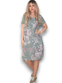 HELGA MAY_JUNGLE DRESS LINEN SCARLETT ROSE SAGE GREEN _ JUNGLE DRESS LINEN SCARLETT ROSE SAGE GREEN _ Ebony Boutique NZ