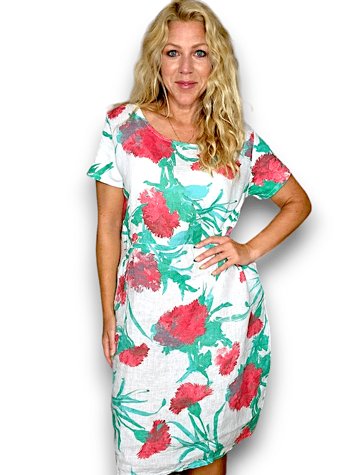 HELGA MAY_JUNGLE DRESS LINEN THISTLE IN RED WHITE _ JUNGLE DRESS LINEN THISTLE IN RED WHITE _ Ebony Boutique NZ