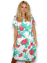 HELGA MAY_JUNGLE DRESS LINEN THISTLE IN RED WHITE _ JUNGLE DRESS LINEN THISTLE IN RED WHITE _ Ebony Boutique NZ