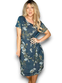 HELGA MAY_JUNGLE DRESS LINEN TRUMPET FLOWER DARK JADE _ JUNGLE DRESS LINEN TRUMPET FLOWER DARK JADE _ Ebony Boutique NZ