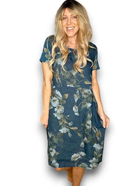 HELGA MAY_JUNGLE DRESS LINEN TRUMPET FLOWER DARK JADE _ JUNGLE DRESS LINEN TRUMPET FLOWER DARK JADE _ Ebony Boutique NZ